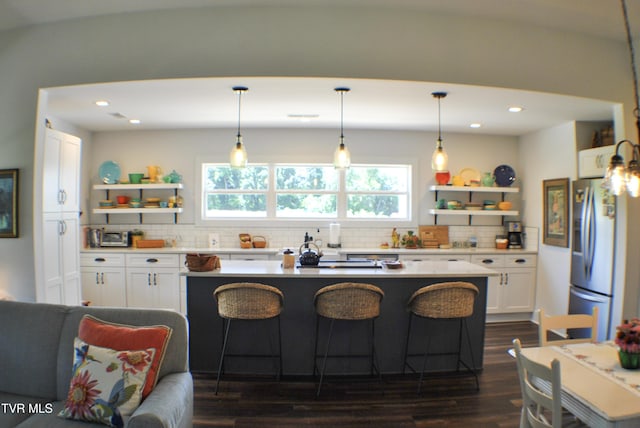 286 Sliger Rd, Jonesborough, TN 37659 - kitchen with stainless steel fridge with ice dispenser, open shelves, dark wood-style flooring, white cabinetry, and recessed lighting