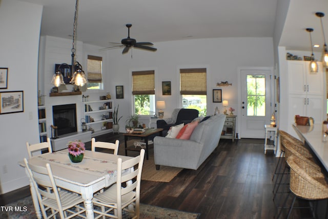 286 Sliger Rd, Jonesborough, TN 37659 - dining space with dark wood-style floors, healthy amount of natural light, ceiling fan, and a fireplace