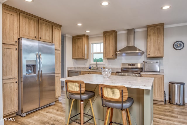 2311 Serenity Ct, Kingsport, TN 37665 - kitchen featuring stainless steel appliances, wall chimney exhaust hood, recessed lighting, ornamental molding, and a breakfast bar area