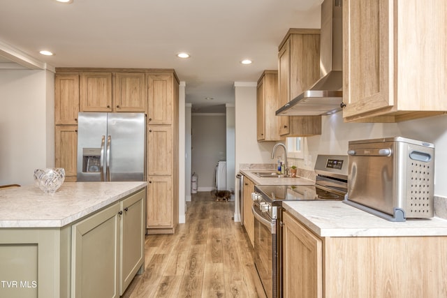 2311 Serenity Ct, Kingsport, TN 37665 - kitchen with appliances with stainless steel finishes, wall chimney range hood, light wood-type flooring, light countertops, and recessed lighting