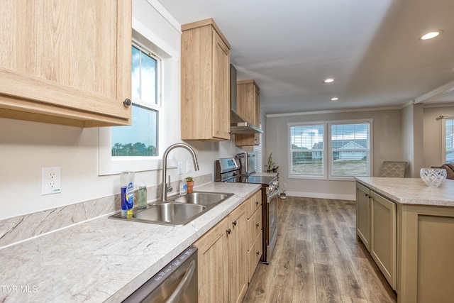 2311 Serenity Ct, Kingsport, TN 37665 - kitchen with stainless steel range with electric stovetop, light brown cabinets, crown molding, wood finished floors, and exhaust hood
