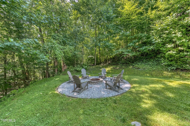 410 Eagle Ridge Rd, Roan Mountain, TN 37687 - view of grassy yard featuring an outdoor fire pit and a view of trees