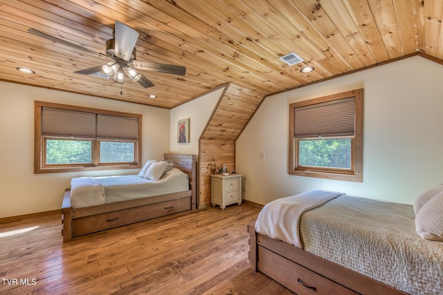 410 Eagle Ridge Rd, Roan Mountain, TN 37687 - bedroom with wood ceiling, lofted ceiling, light wood-style flooring, multiple windows, and a ceiling fan