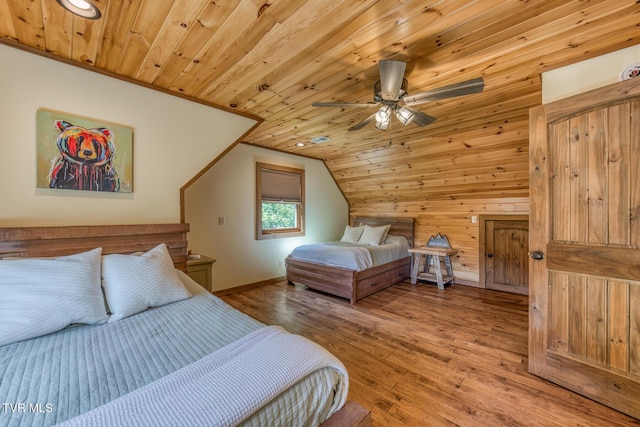 410 Eagle Ridge Rd, Roan Mountain, TN 37687 - bedroom with wood finished floors, wooden ceiling, lofted ceiling, wood walls, and ceiling fan
