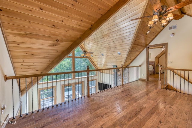 410 Eagle Ridge Rd, Roan Mountain, TN 37687 - bonus room with ceiling fan, wood-type flooring, a wooden ceiling with exposed beams, and high vaulted ceiling
