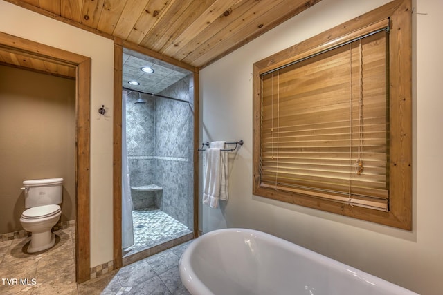410 Eagle Ridge Rd, Roan Mountain, TN 37687 - bathroom with a freestanding tub, a stall shower, recessed lighting, and wood ceiling