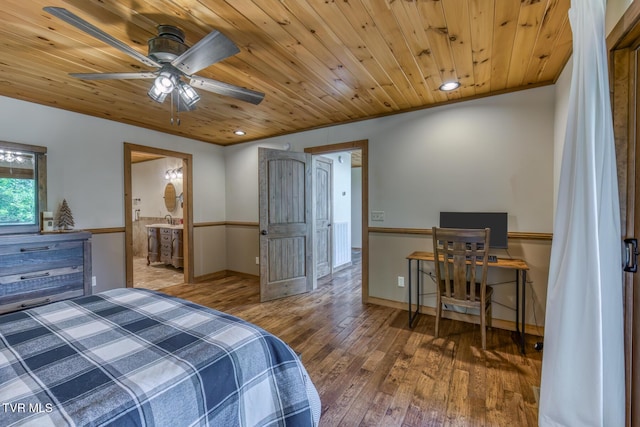 410 Eagle Ridge Rd, Roan Mountain, TN 37687 - bedroom featuring hardwood / wood-style floors, wooden ceiling, recessed lighting, and connected bathroom
