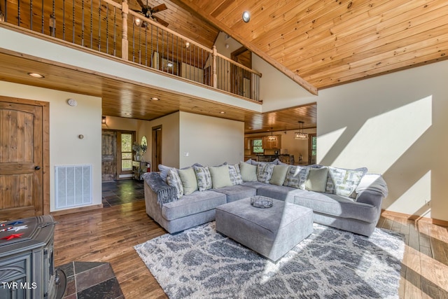 410 Eagle Ridge Rd, Roan Mountain, TN 37687 - living area featuring wood ceiling, wood finished floors, high vaulted ceiling, and recessed lighting