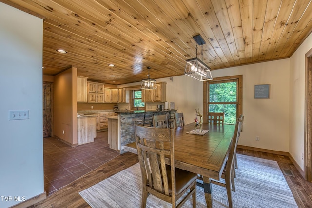 410 Eagle Ridge Rd, Roan Mountain, TN 37687 - dining room featuring a chandelier, healthy amount of natural light, recessed lighting, wooden ceiling, and dark tile patterned flooring