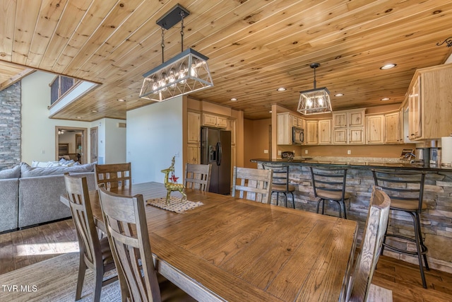 410 Eagle Ridge Rd, Roan Mountain, TN 37687 - dining room with wood-type flooring, wooden ceiling, and recessed lighting