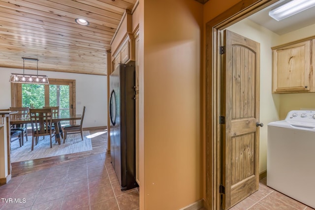 410 Eagle Ridge Rd, Roan Mountain, TN 37687 - laundry room featuring washer / dryer, cabinet space, wood ceiling, light tile patterned floors, and recessed lighting