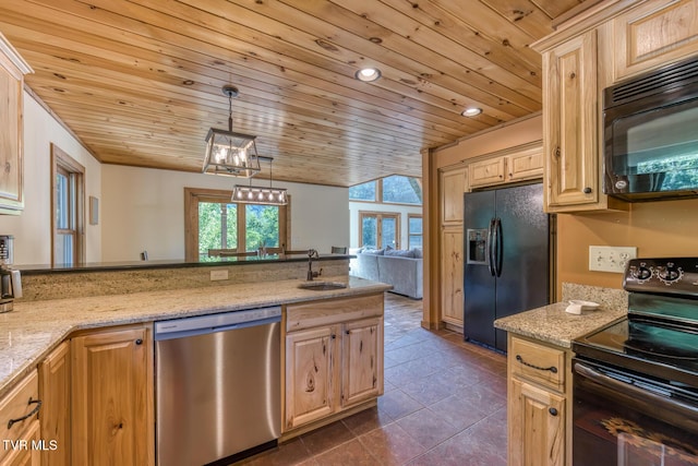 410 Eagle Ridge Rd, Roan Mountain, TN 37687 - kitchen featuring black appliances, wood ceiling, dark tile patterned floors, light stone counters, and light brown cabinets