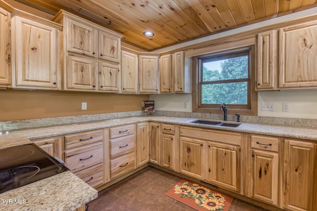410 Eagle Ridge Rd, Roan Mountain, TN 37687 - kitchen with light brown cabinetry, dark tile patterned floors, wooden ceiling, electric range, and light stone counters
