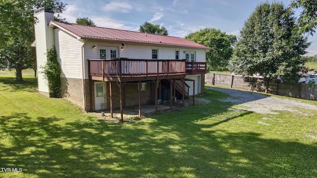 130 Kiser Cir, Jonesborough, TN 37659 - back of house with a wooden deck, a chimney, french doors, a metal roof, and stairway
