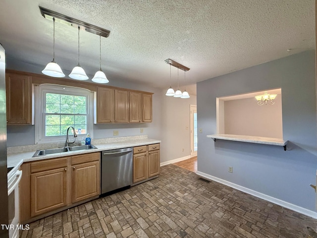 130 Kiser Cir, Jonesborough, TN 37659 - kitchen with dishwasher, light countertops, pendant lighting, brick patterned floors, and a textured ceiling