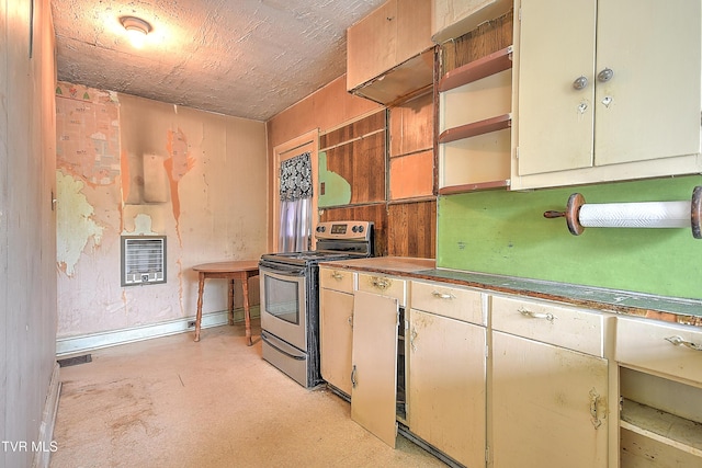 1230 Carolina Ave, Bristol, TN 37620 - kitchen featuring stainless steel range with electric stovetop, open shelves, heating unit, and concrete flooring