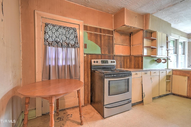 1230 Carolina Ave, Bristol, TN 37620 - kitchen with stainless steel electric range, open shelves, light countertops, and a textured ceiling