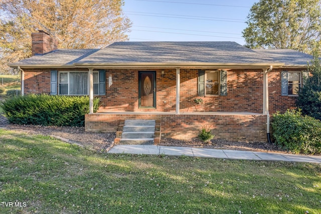 15060 Peaceful Valley Rd, Abingdon, VA 24210 - ranch-style home with brick siding, a chimney, a front yard, and roof with shingles