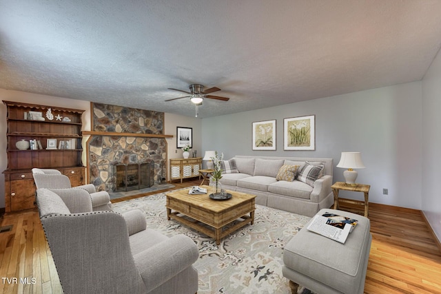 15060 Peaceful Valley Rd, Abingdon, VA 24210 - living room with a ceiling fan, wood-type flooring, a fireplace, and a textured ceiling