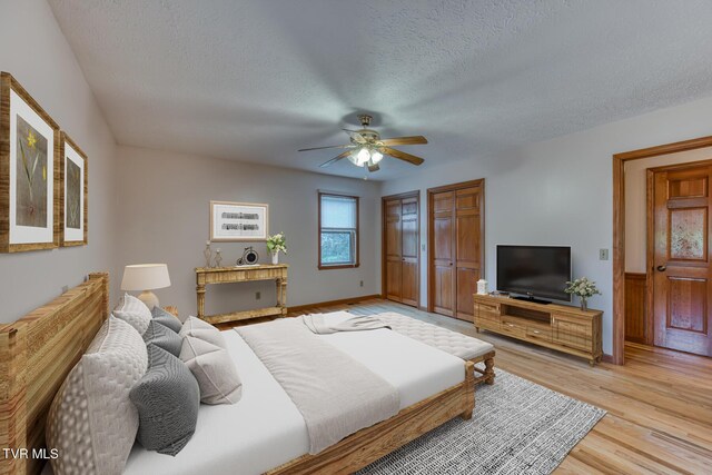 15060 Peaceful Valley Rd, Abingdon, VA 24210 - bedroom with a textured ceiling, two closets, light wood-style floors, and a ceiling fan