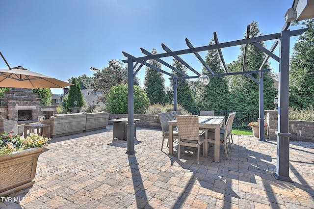 6054 Old Jonesboro Rd, Bristol, TN 37620 - view of patio / terrace with outdoor dining space, an outdoor living space with a fireplace, and a pergola
