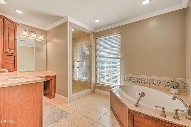 6054 Old Jonesboro Rd, Bristol, TN 37620 - bathroom with vanity, a bath, a stall shower, tile patterned flooring, and ornamental molding