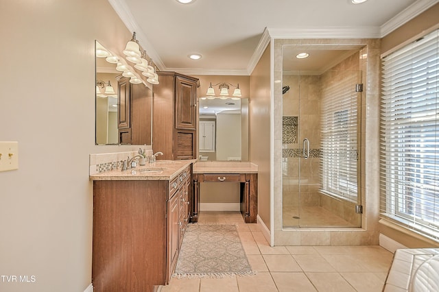 6054 Old Jonesboro Rd, Bristol, TN 37620 - bathroom with a shower stall, vanity, tile patterned flooring, ornamental molding, and recessed lighting