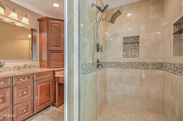 6054 Old Jonesboro Rd, Bristol, TN 37620 - bathroom featuring ornamental molding, tiled shower, vanity, and recessed lighting