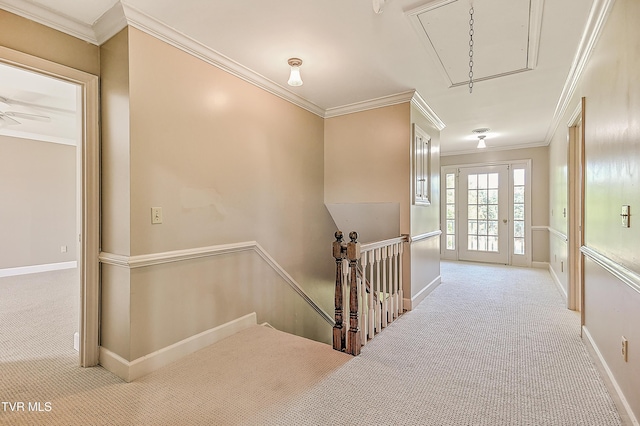 6054 Old Jonesboro Rd, Bristol, TN 37620 - stairway with attic access, carpet floors, and crown molding