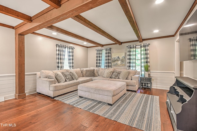 6054 Old Jonesboro Rd, Bristol, TN 37620 - living area featuring beam ceiling, hardwood / wood-style flooring, a wainscoted wall, and recessed lighting