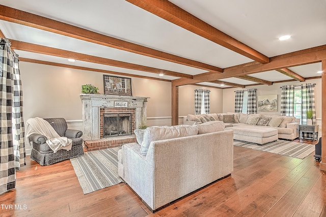 6054 Old Jonesboro Rd, Bristol, TN 37620 - living room with beam ceiling, wood-type flooring, a fireplace, and recessed lighting