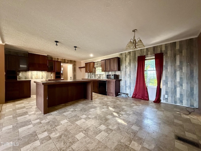 943 Newman Hollow Rd, Bean Station, TN 37708 - kitchen featuring a center island, black dishwasher, a chandelier, light stone finish flooring, and stainless steel microwave