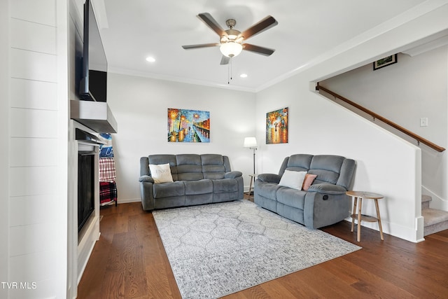 162 Bob Ford Rd, Jonesborough, TN 37659 - living room featuring stairway, a ceiling fan, dark wood finished floors, recessed lighting, and crown molding