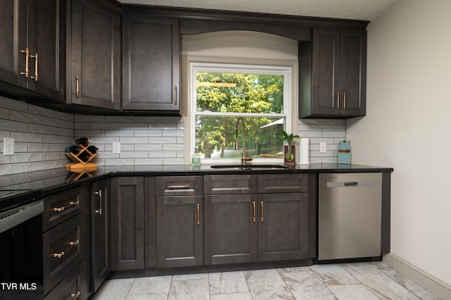 101 Ridgewood Dr, Bristol, TN 37620 - kitchen with stainless steel dishwasher, backsplash, and dark brown cabinetry