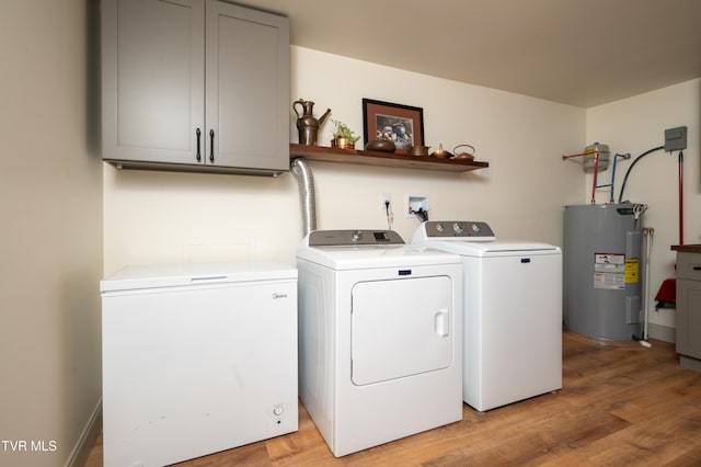 101 Ridgewood Dr, Bristol, TN 37620 - laundry area with electric water heater, independent washer and dryer, cabinet space, and light wood-style floors