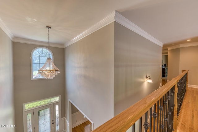 3 Chestnut Ridge Ct, Jonesborough, TN 37659 - hallway featuring a chandelier, wood finished floors, ornamental molding, an upstairs landing, and recessed lighting