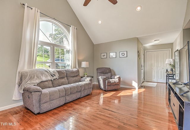 517 W Glade St, Glade Spring, VA 24340 - living area featuring light wood-style floors, ceiling fan, high vaulted ceiling, and recessed lighting