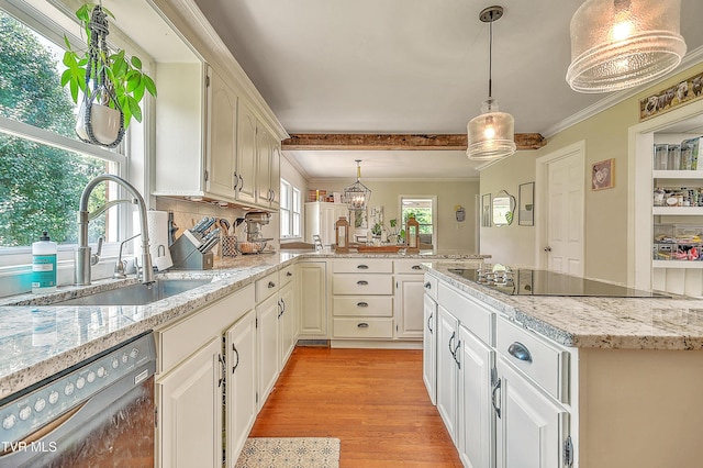 22643 Twin Oaks Rd, Abingdon, VA 24211 - kitchen with dishwasher, black electric stovetop, a peninsula, light wood finished floors, and decorative light fixtures