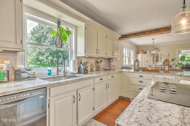 22643 Twin Oaks Rd, Abingdon, VA 24211 - kitchen with dishwasher, black electric cooktop, tasteful backsplash, decorative light fixtures, and beam ceiling