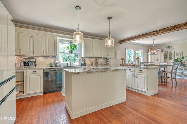 22643 Twin Oaks Rd, Abingdon, VA 24211 - kitchen featuring black appliances, a center island, light wood finished floors, decorative backsplash, and beamed ceiling