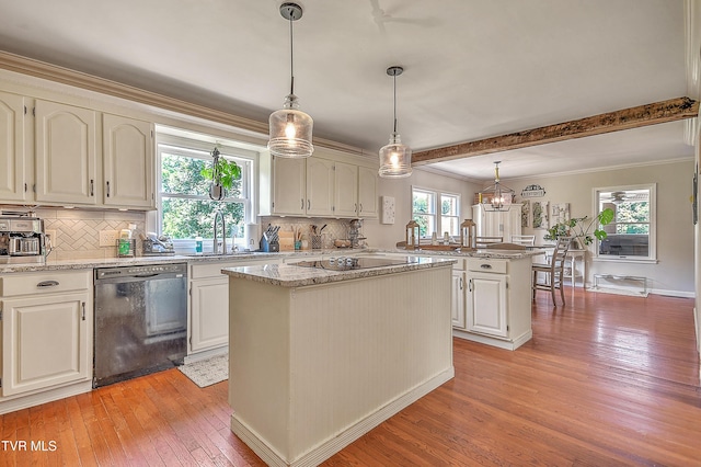 22643 Twin Oaks Rd, Abingdon, VA 24211 - kitchen with black appliances, a kitchen island, light wood-style floors, decorative backsplash, and beamed ceiling