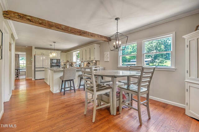 22643 Twin Oaks Rd, Abingdon, VA 24211 - dining room with a chandelier, healthy amount of natural light, light wood-style floors, ornamental molding, and beamed ceiling
