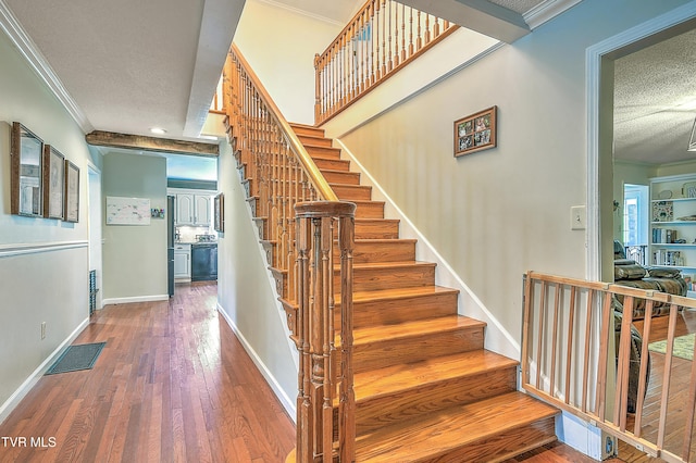 22643 Twin Oaks Rd, Abingdon, VA 24211 - stairs with ornamental molding, a textured ceiling, wood finished floors, and recessed lighting