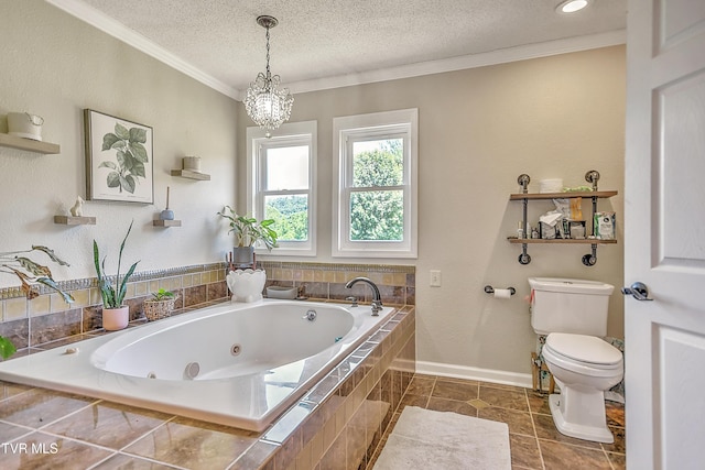 22643 Twin Oaks Rd, Abingdon, VA 24211 - bathroom featuring a tub with jets, ornamental molding, a textured ceiling, tile patterned floors, and a chandelier