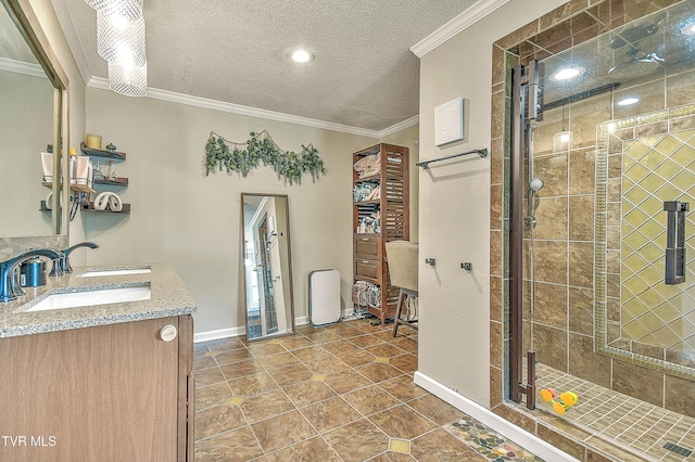 22643 Twin Oaks Rd, Abingdon, VA 24211 - full bathroom featuring a stall shower, a textured ceiling, double vanity, ornamental molding, and tile patterned flooring