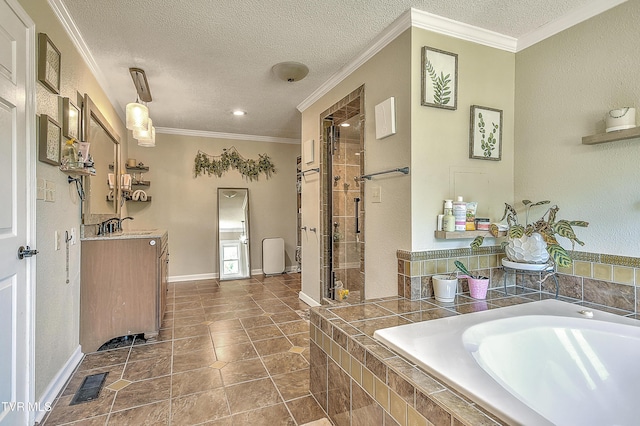 22643 Twin Oaks Rd, Abingdon, VA 24211 - full bathroom featuring vanity, a bath, a stall shower, tile patterned flooring, and a textured ceiling