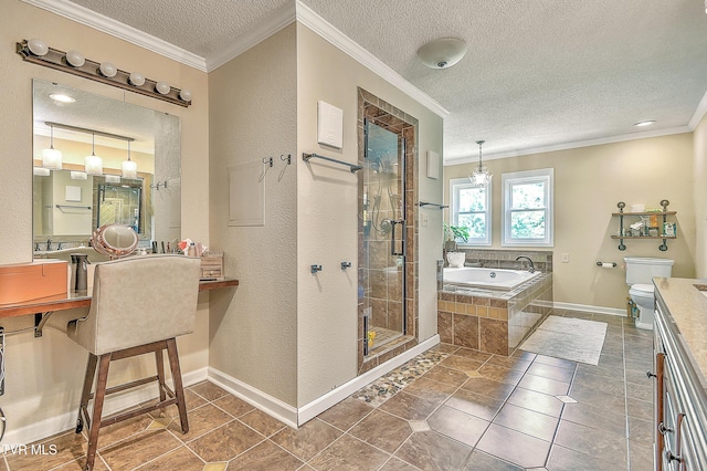 22643 Twin Oaks Rd, Abingdon, VA 24211 - full bathroom with vanity, a garden tub, a textured ceiling, crown molding, and a shower stall