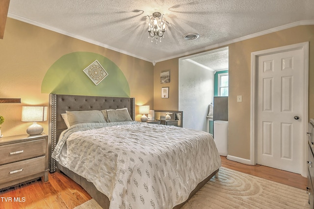 22643 Twin Oaks Rd, Abingdon, VA 24211 - bedroom with light wood-style floors, a textured ceiling, crown molding, and a chandelier