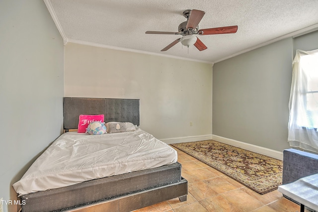 22643 Twin Oaks Rd, Abingdon, VA 24211 - tiled bedroom with a textured ceiling, ornamental molding, and a ceiling fan
