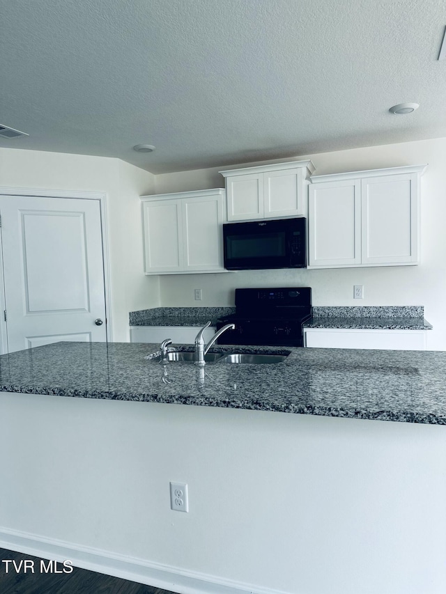 1461 Gress Mag Mtn, Kingsport, TN 37660 - kitchen with black appliances, white cabinetry, dark stone countertops, and a textured ceiling